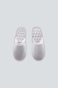 Top view of grey Authentic Men's Silk Lounge Shoes, highlighting the satin sheen and supportive quilted insole.