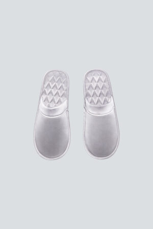 Top view of grey Authentic Men's Silk Lounge Shoes, highlighting the satin sheen and supportive quilted insole.