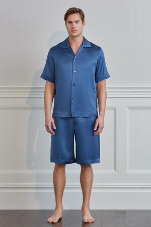 Men are elegantly displayed indoors wearing the Sketchy Men's Short Pajama Set in dutch blue.