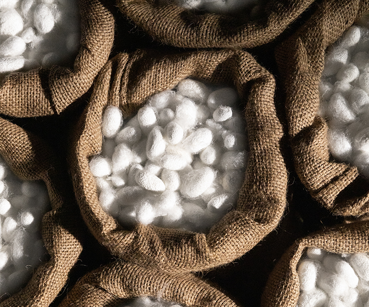 A close-up view of premium quality crude silk fibers and burlap, showcasing the supreme raw materials used in MANITO's silk products.