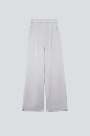 Flat lay of MANITO Passion Women's Silk Trousers in silver gray, showing full length and flowy silhouette.