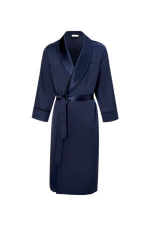Patrician Men's Robe in deep navy, shown front-on with shawl collar and waist tie for a relaxed, polished lounge look.