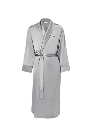 Patrician Men's Robe in grey, front view highlighting the clean lines, shawl collar, and self-tie belt for easy at-home layering.