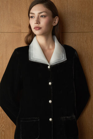 Close-up of woman wearing Poetic Tulle Collar Velvet Pajama Set, highlighting the sheer layered collar and pearl buttons.