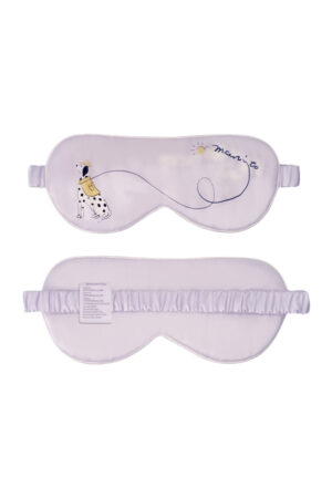 Puppy Silk Eyemask in purple decorated with a Dalmatian puppy and a curved leash that forms the MANITO logo, front and back view.