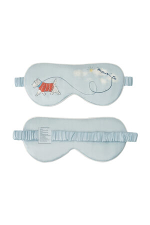 Puppy Silk Eyemask in blue with a puppy in a red sweater and leash forming the MANITO logo, shown front and back.