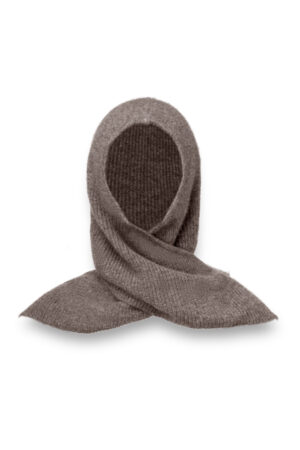 Purity Knit Balaclava in brown, front view with crossed wrap ties framing the face for snug cold-weather coverage.
