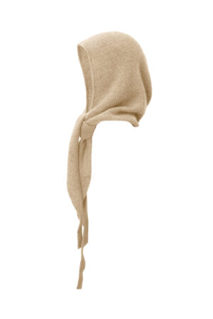 Sand beige Purity Knit Balaclava, side profile capturing the lightweight knit and versatile wrap design.