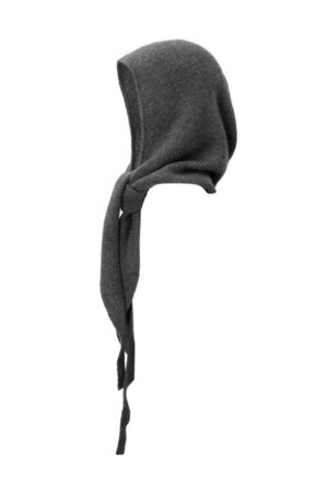 Charcoal Purity Knit Balaclava, side view emphasizing the streamlined hood and elongated ties.