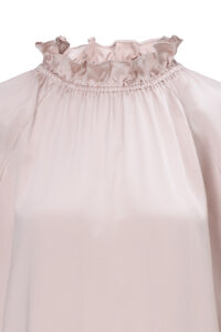 Close-up of the Purity Silk Women's Drawstring Set ruffled neckline, showing the refined silk texture and gathered detailing.