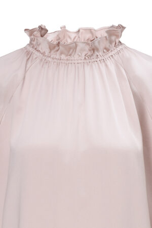 Close-up of the Purity Silk Women's Drawstring Set ruffled neckline, showing the refined silk texture and gathered detailing.
