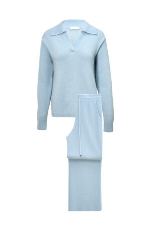 Blue Purity Polo Knit Set laid flat, highlighting its smooth touch and airy texture for refined daily comfort.