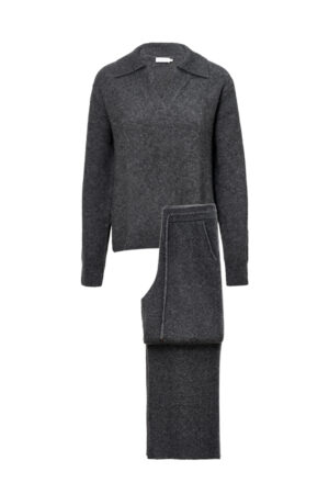 Gray Purity Polo Knit Set displayed flat, showing the soft knit texture and relaxed silhouette of the cashmere-silk blend.