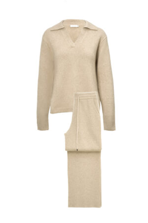 Beige Purity Polo Knit Set laid flat, emphasizing its soft fibers and timeless appeal for elegant loungewear.