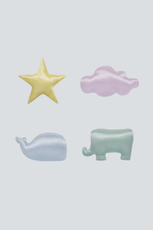 Assorted Kid's Silk Cushions in star, cloud, whale, and elephant shapes in pastel colors.