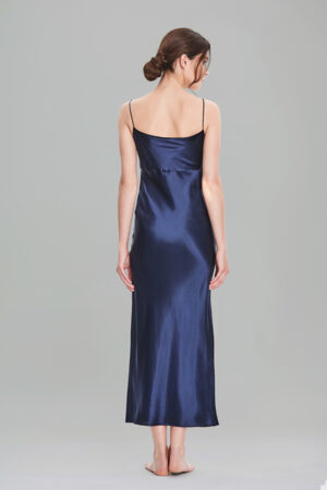 Back view of navy Women's Silk Slip Dress featuring slim straps and a sleek, body-skimming fit.