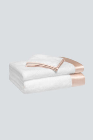 MANITO Brimmy 3 Piece Bath Towel Set with blush-pink silk trim, including a bath towel, hand towel, and washcloth.