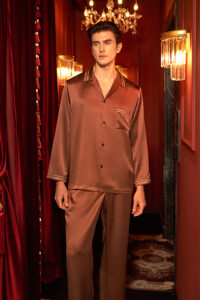 MANITO Ribbon Men's Long Sleeves Shirt in chestnut brown shown in warm indoor lighting.