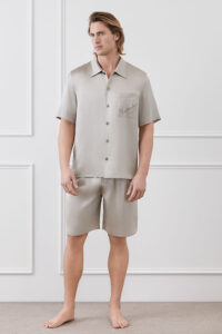 MANITO Remington Men's Short Pajama Set displayed indoors with classic wall background.