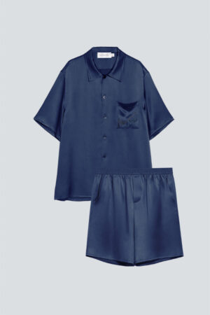 Navy blue MANITO Remington silk pajama set with short sleeves and matching shorts.