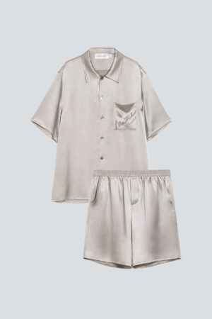 Flat lay of safari MANITO Remington Men's Short Pajama Set with embroidered pocket.