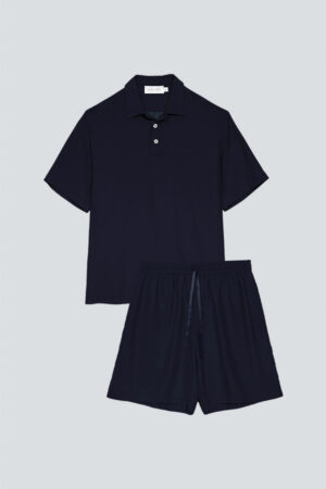 Flat lay of MANITO Remington Men's Short Lounge Set in navy, featuring a polo top and drawstring shorts.