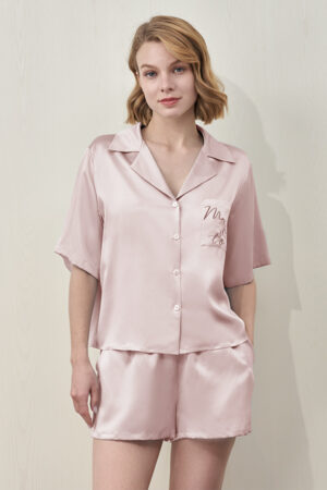 MANITO Remington Women's Silk Short Pajama Set in blush pink, front view on model.