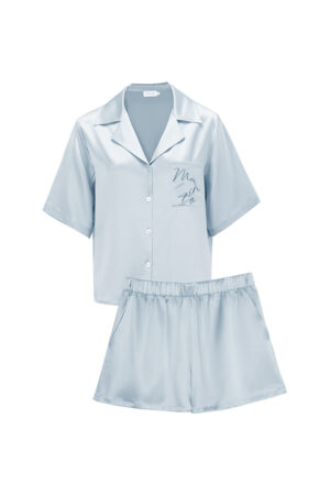 MANITO Remington Women's Silk Short Pajama Set in light blue, flat lay on white background.
