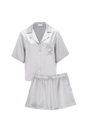 MANITO Remington Women's Silk Short Pajama Set in grey, flat lay front view.