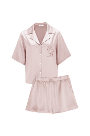 MANITO Remington Women's Silk Short Pajama Set in blush pink, flat lay on white background.