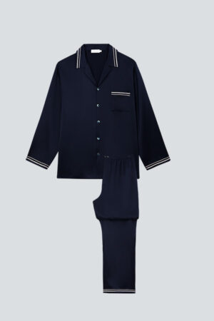 Flat lay of navy MANITO Ribbon Men's Long Sleeves Pajama Set with striped collar and cuffs.