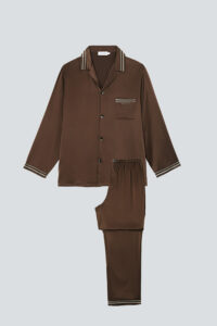 Flat lay of brown MANITO Ribbon Men's Silk Pajama Set with long sleeves and striped trim.