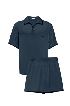 MANITO Ribbon Men's Polo Silk Pajama Set in navy blue, showcasing classic collar and smooth silk texture.