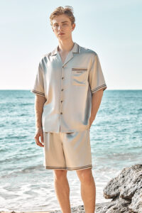 MANITO Ribbon Men's Short Pajama Set full-body view, classic short-sleeve silk shirt with matching shorts.