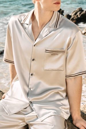 Close-up of MANITO Ribbon Men's Short Pajama Set, highlighting the soft silk fabric and striped pocket design.