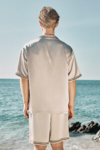 Back view of MANITO Ribbon Men's Short Pajama Set, featuring striped accents on collar and sleeve hems.