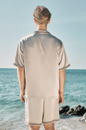 Back view of MANITO Ribbon Men's Short Pajama Set, featuring striped accents on collar and sleeve hems.
