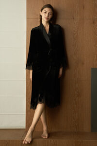 Full-body view of the Rome Velvet Lace Robe, showing its refined black velvet drape and lace-trimmed silhouette.