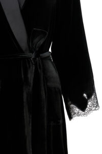 Close-up of the Rome Velvet Lace Robe belt and pockets, featuring the smooth velvet texture and lace sleeve detail.