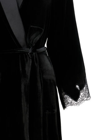 Close-up of the Rome Velvet Lace Robe belt and pockets, featuring the smooth velvet texture and lace sleeve detail.