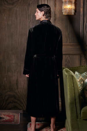 Rear view of MANITO velvet robe for men, emphasizing the soft texture and back belt detail.
