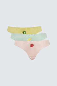 Stacked Fruity 3-Pack Silk Briefs in pastel colors with cute fruit embroidery, presented in a gift box.