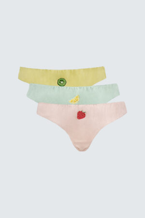 Stacked Fruity 3-Pack Silk Briefs in pastel colors with cute fruit embroidery, presented in a gift box.
