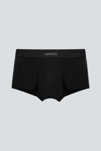 Men's soft black modal silk boxer briefs with MANITO branding at the waist.