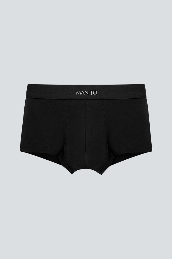 Men's soft black modal silk boxer briefs with MANITO branding at the waist.