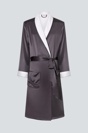 Flat lay of gray MANITO silk terry cloth robe for men with white inner collar and satin finish.