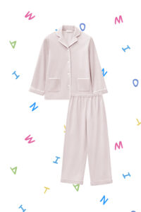 Shell Baby's Silk Wool Pajama Set in soft pink, featuring a relaxed fit with delicate embroidered trim.