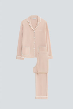 Shell Women's Cashmere Pink Lounge Set has white trim accents on the collar, cuffs, and pockets.