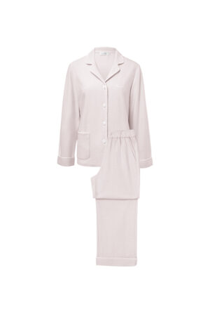 Pink Shell Silk Wool Pajama Set flat-lay, highlighting classic collar shirt and matching pants for soft sleepwear.