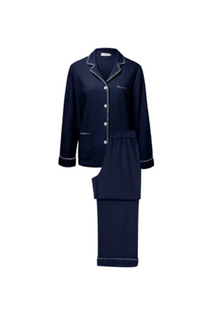 Navy Shell Silk Wool Pajama Set laid flat, button shirt and pants with contrast stitching for elegant comfort.